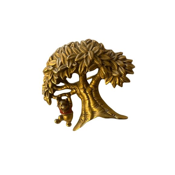 Disney Winnie The Pooh Gold-Tone Tree Pin Brooch With Red Shirt Vintage Style - Picture 1 of 2